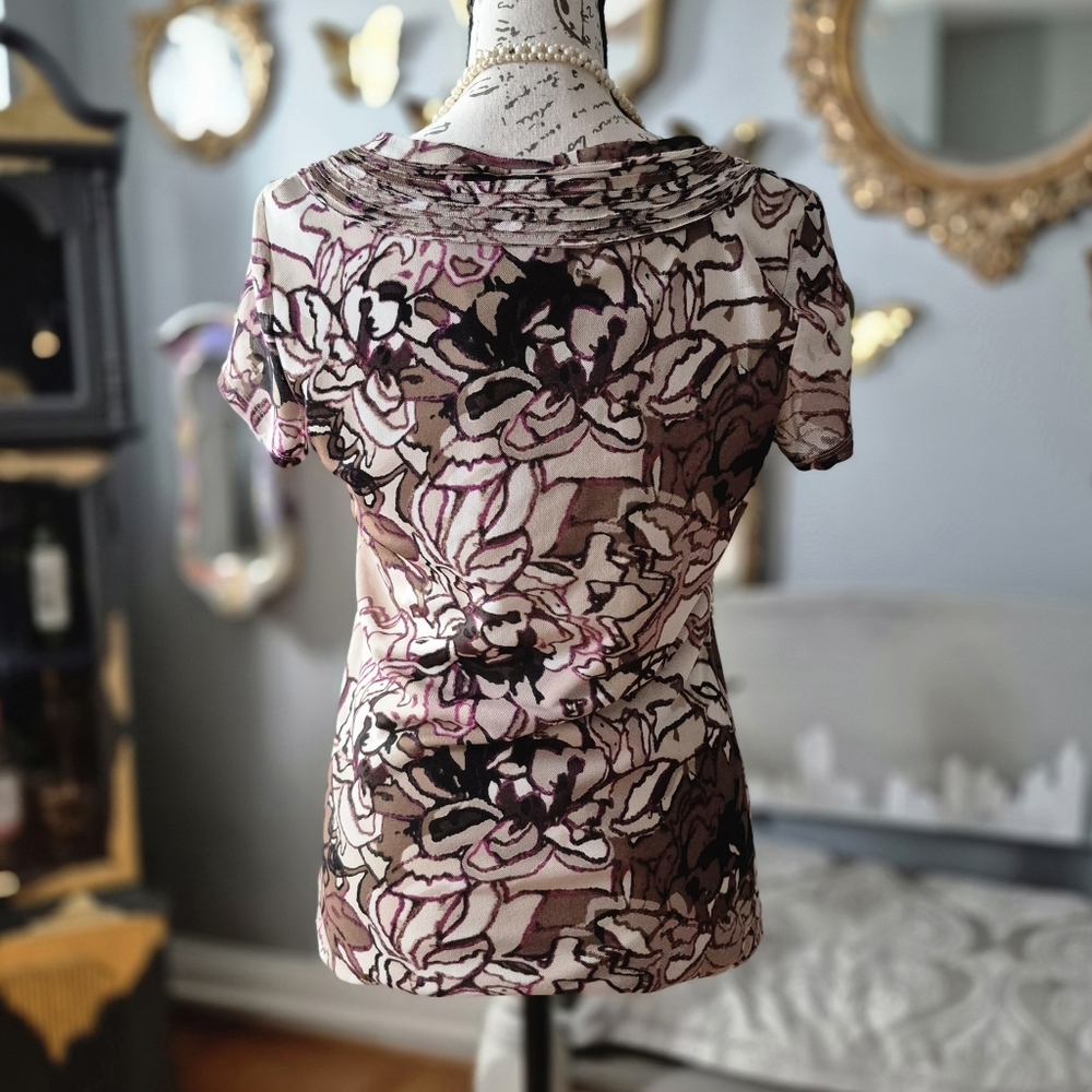 DISCONTINUED: Dana Buchman 70s Vibe Pink and Tan Floral Abstract Blouse Small - Picture 4 of 5